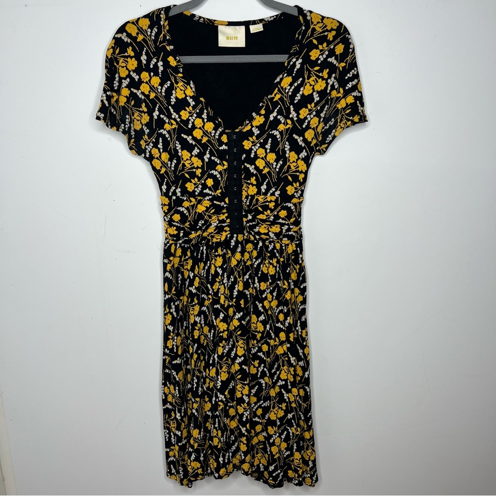 Maeve Anthropologie Jersey Skater Dress Black Yellow Floral XS Extra Small